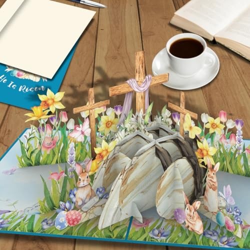 3D He Is Risen Resurrection Pop Up Easter Card with Notecard – Empty Tomb and