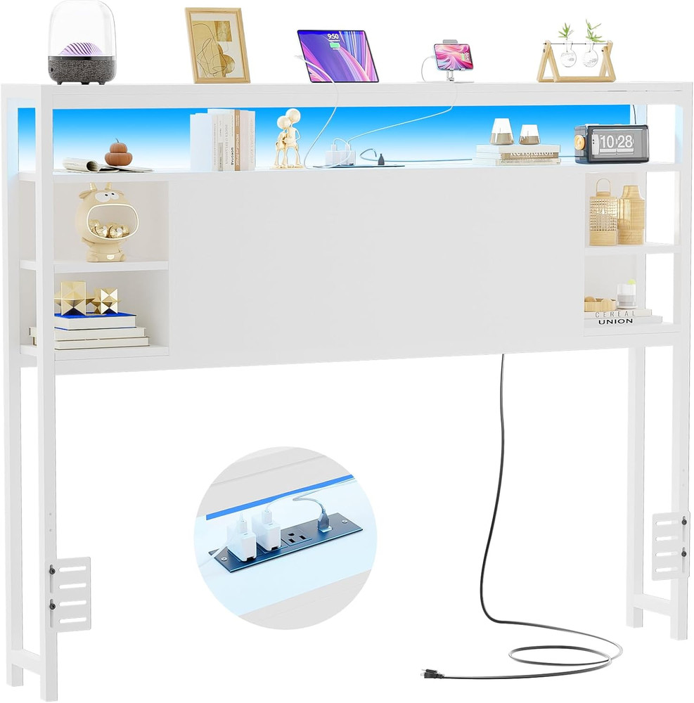 Full Size Headboard with Storage, Outlet & RGB LED Light - White