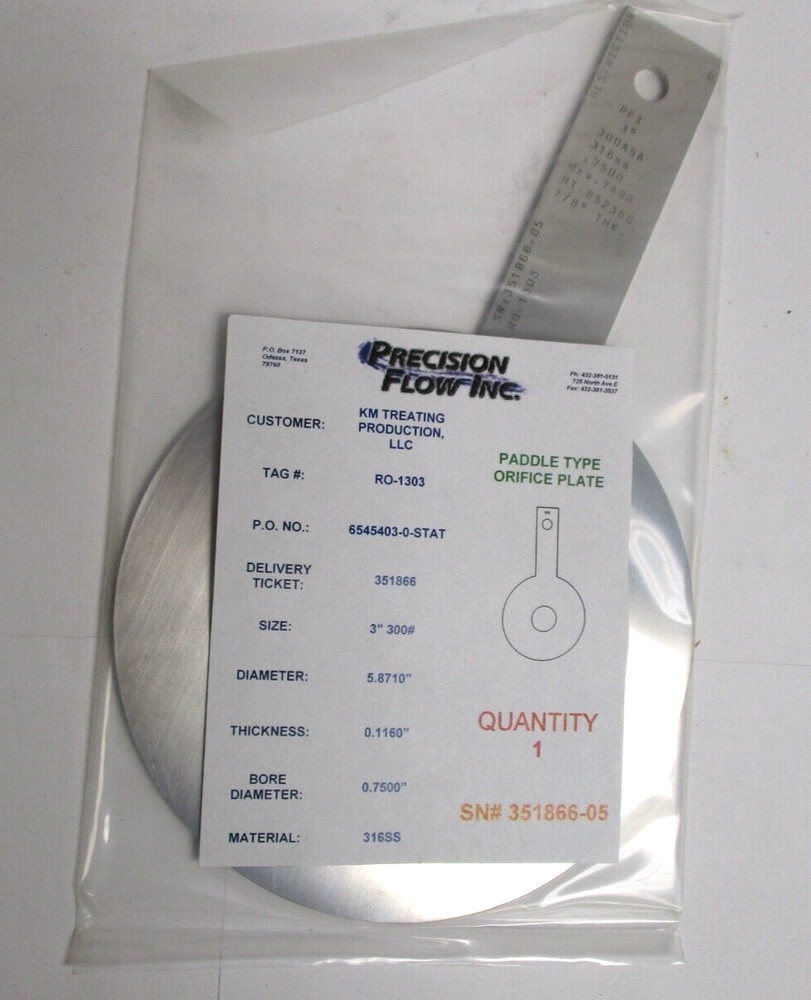 PRECISION FLOW 3" 300 PADDLE TYPE ORIFICE PLATE, 316-SST