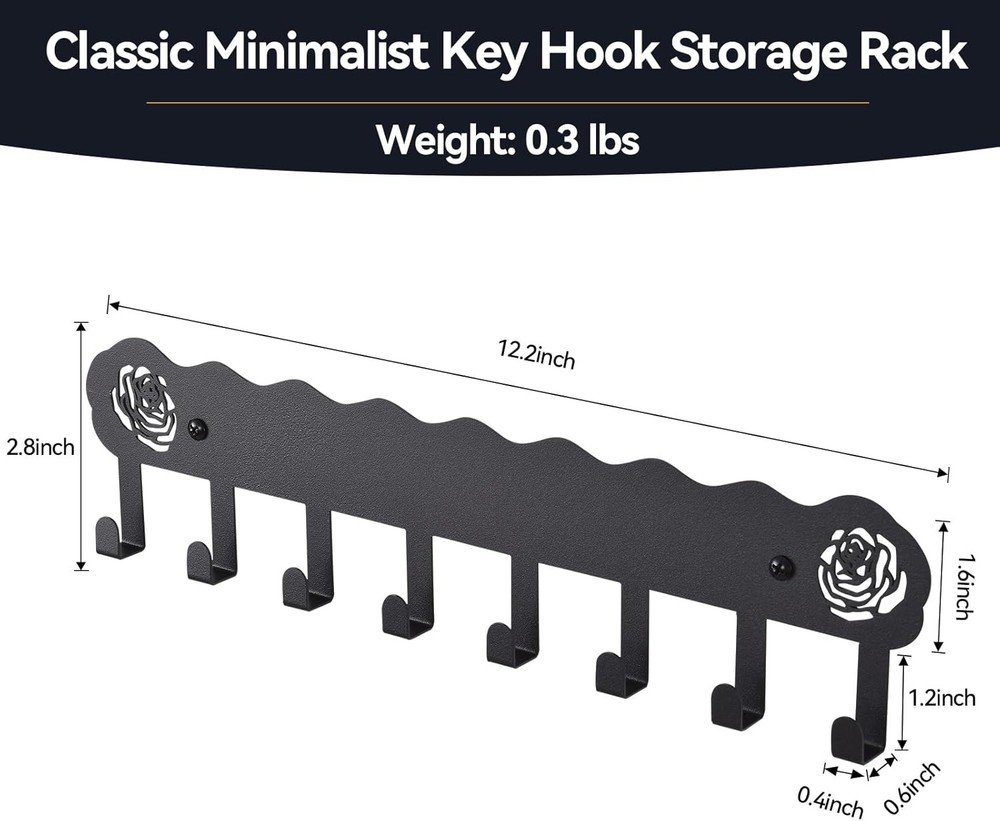 Modern Black Key Organizer with 8 Hooks - Rust Resistant, Multi-Purpose Design