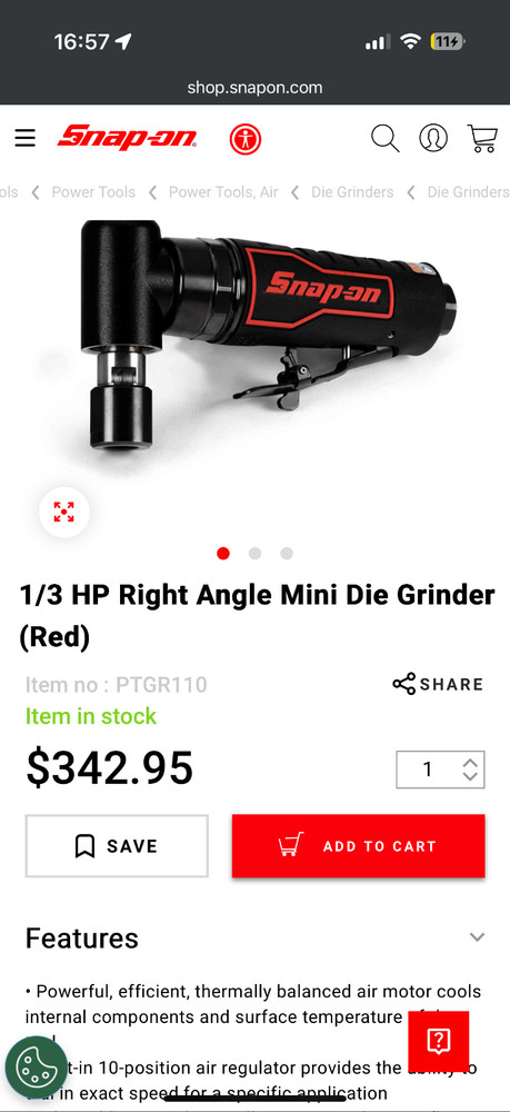 Snap On PTGR110 1/3 HP Right Angle Mini Die Grinder