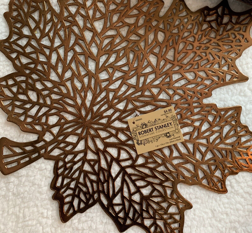 NEW Table Decor Fall Thanksgiving Navy & Copper Leaf Placemats & Pumpkins
