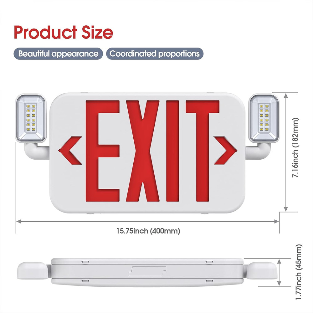 Led Combo Emergency Exit Sign Light with Two Adjustable Head Lights and Backup B