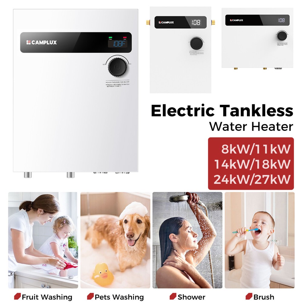 CAMPLUX Tankless Water Heater Electric 8/14/18/27kW 240V for Whole House Shower