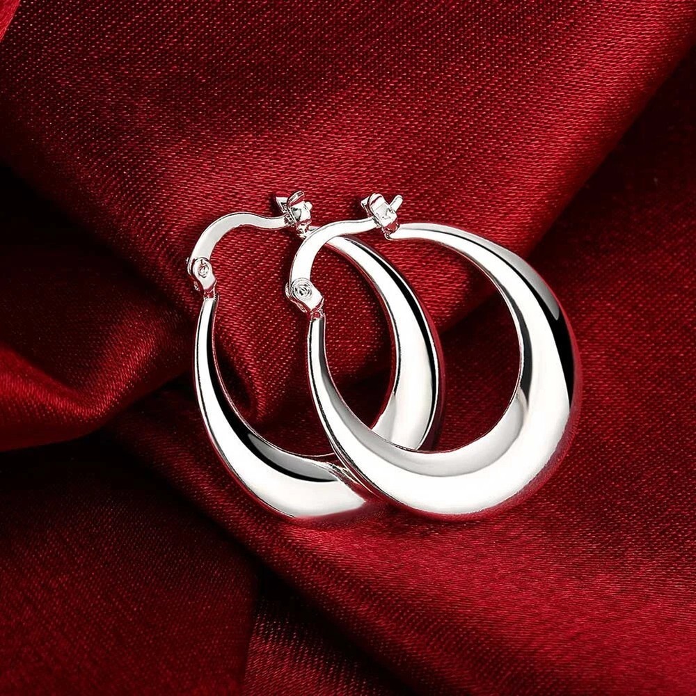 Womens 925 Sterling Solid Silver Elegant Round Pierced Hoop Earrings