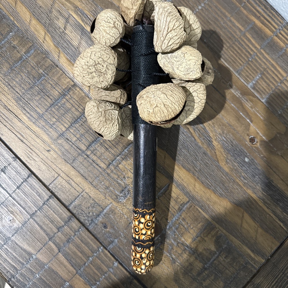 Pangolin Seed Shell Hand Shaker Decorative Bamboo Handle Hand Made Indonesia