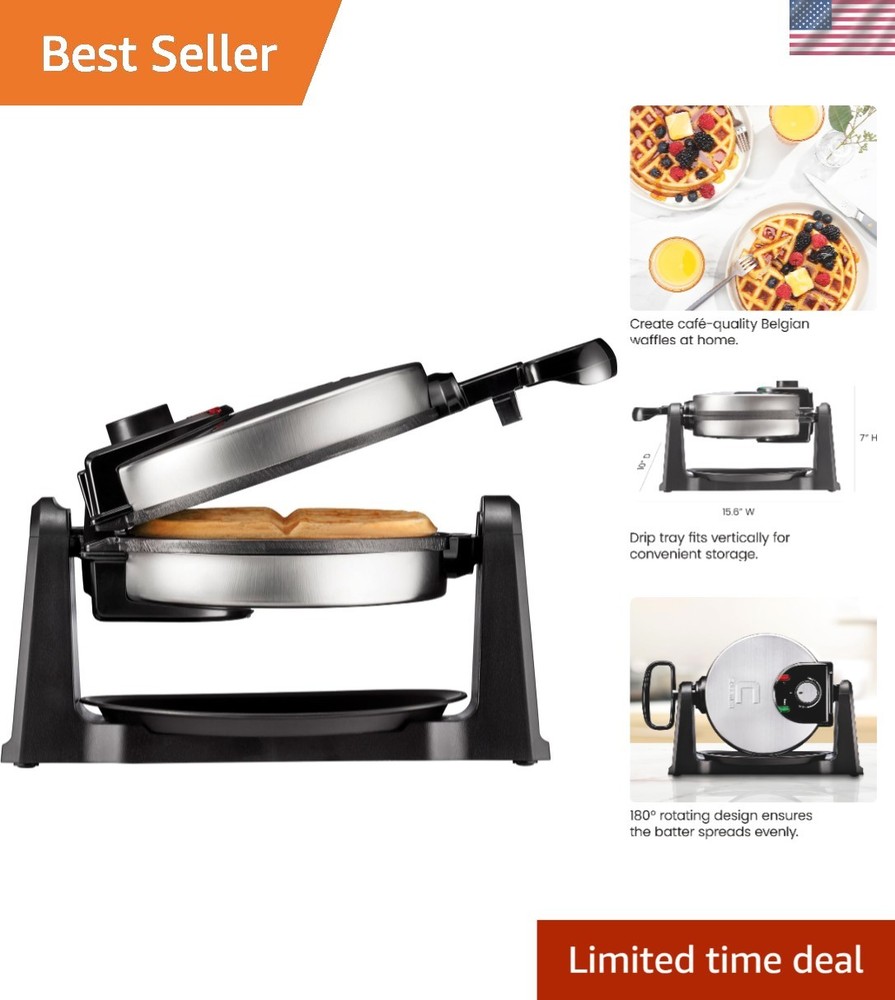 Mess-Free Waffles: 180° Rotating Non-Stick Waffle Iron with Adjustable Timer