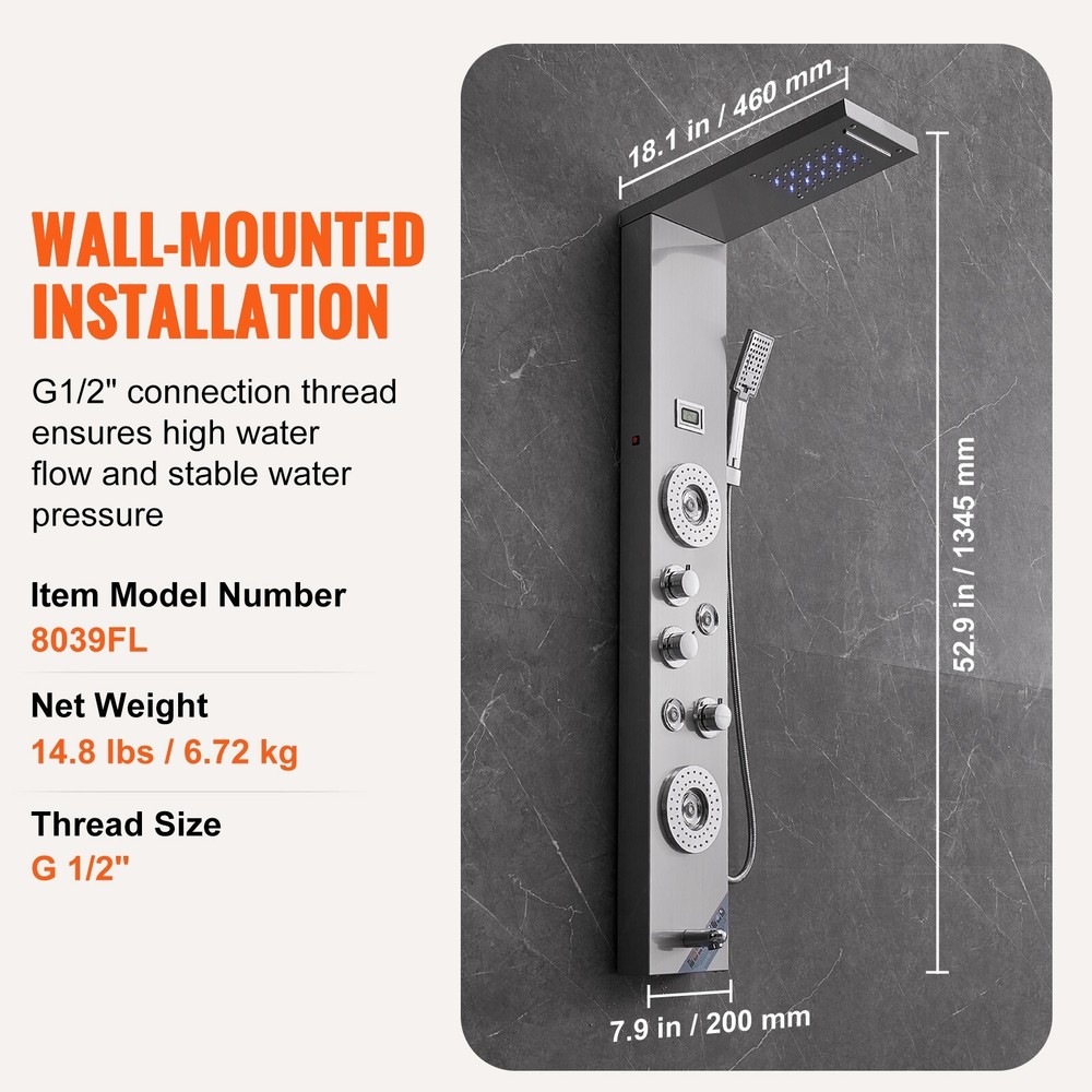 Shower Panel Tower System 6 Modes LED & Display Stainless Steel Rainfall