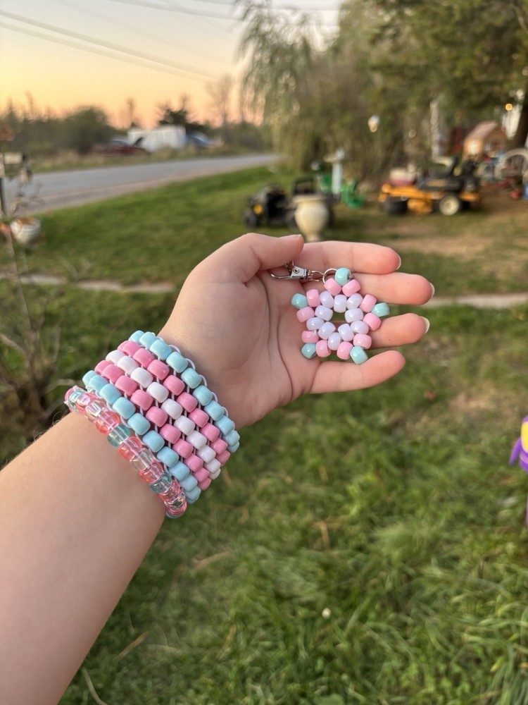 Trans pride kandi set with matching plushie bracelet