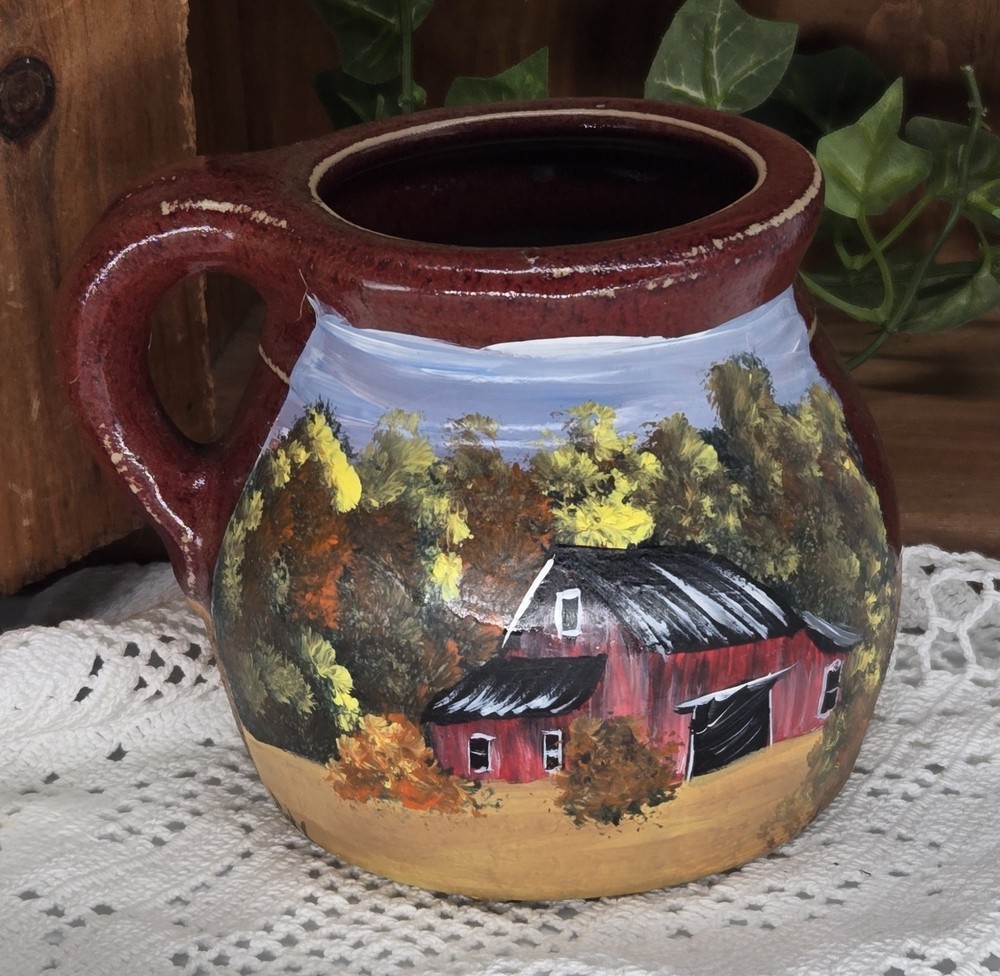 pottery candle cup w/fall barn. (25159) hand painted