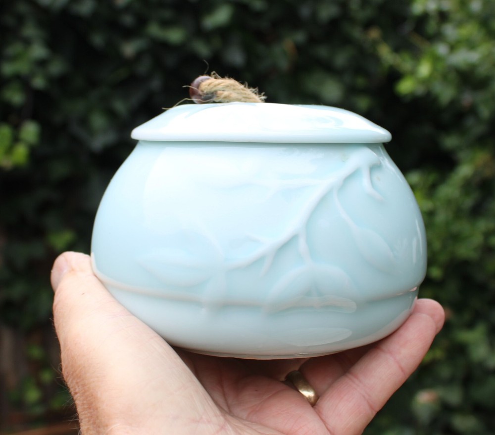 Ceramic Light Blue Pet Urn with Embossed Vines