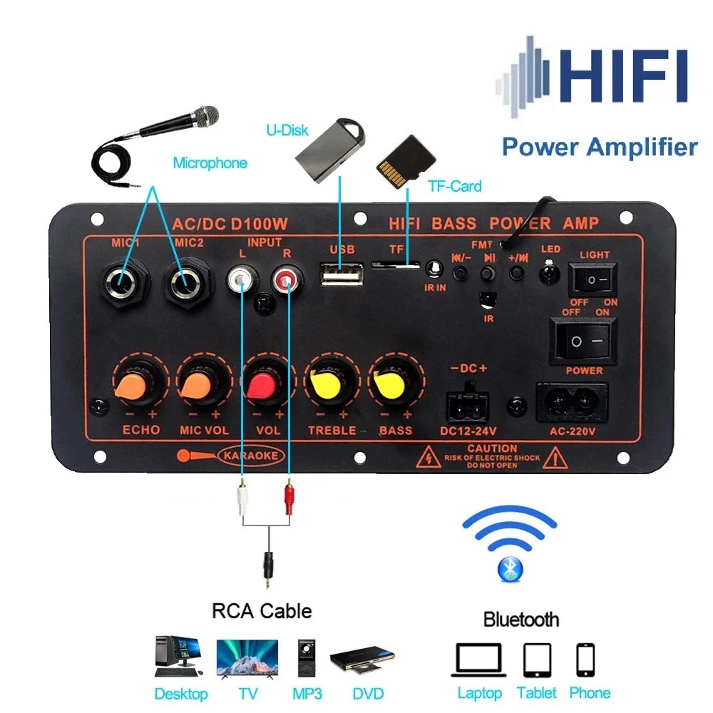 Bluetooth 5.0 600W Amplifier Board, Dual Mic Input, AUX, Remote Control