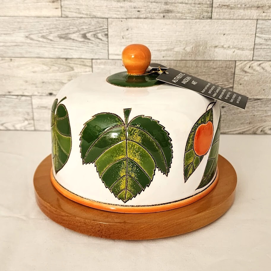Napa Montecristi Ceramic Cheese Dish container with Wood Base Signed Leaf Design