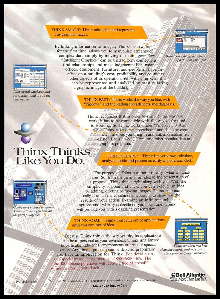 1991 Bell Atlantic Thinx Graphics Database Software PRINT AD Retro Computers PC