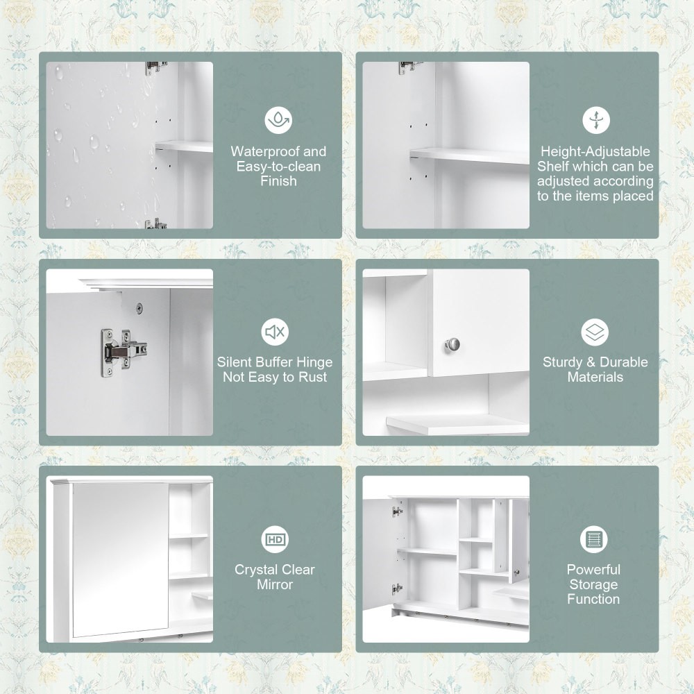 Wall-mounted medicine cabinet with mirrored doors and adjustable shelves