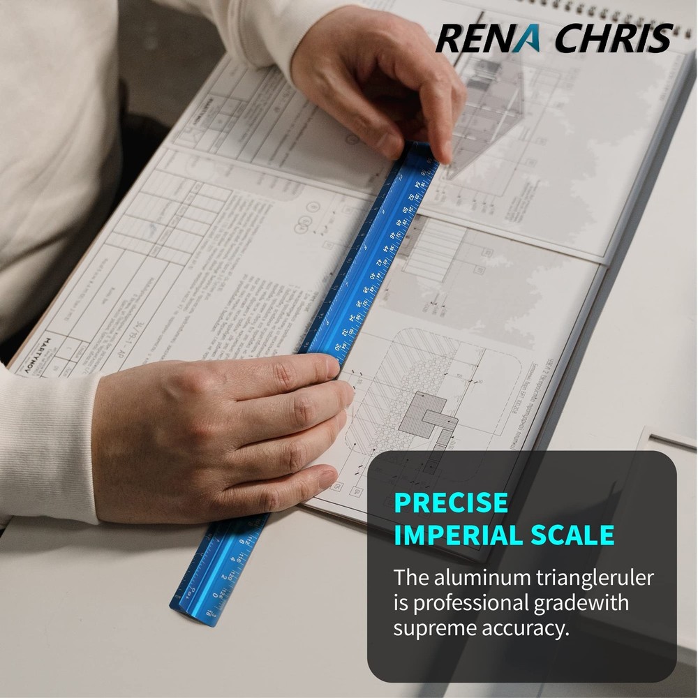 Rena Chris 2PCS Architectural Scale Ruler: 12" Imperial Aluminum Triangular S...