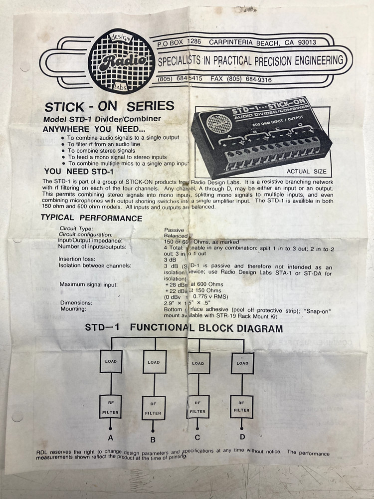 Radio Design Labs STD-1 Audio Divider Combiner 600 ohm RF Filter