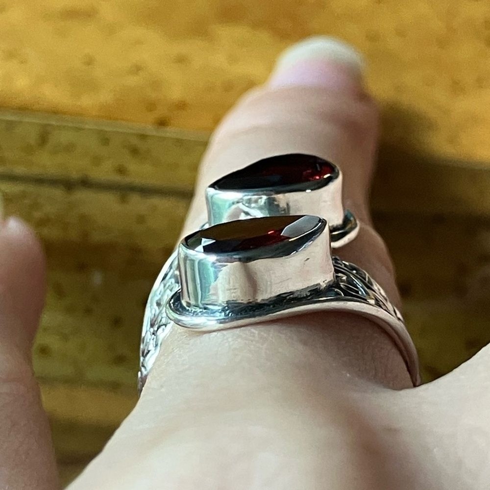 Natural Red Garnet Sterling Silver Bypass Ring Size 5.75