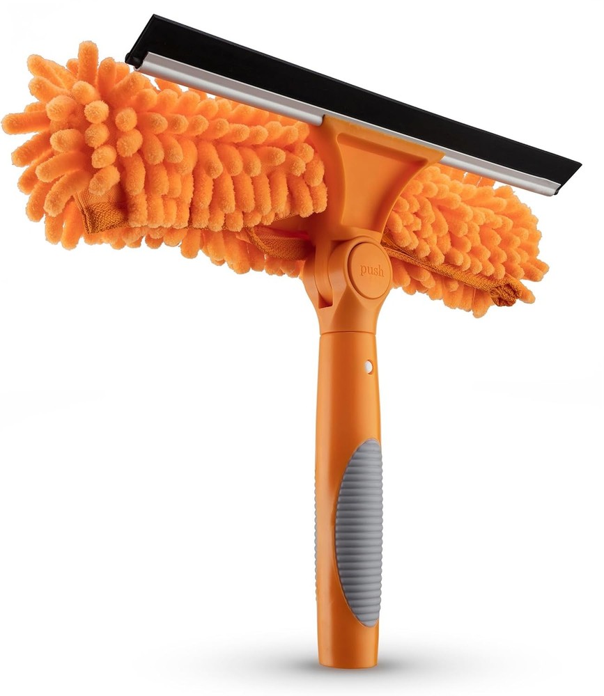 Window Squeegee and Microfiber Scrubber 2-in-1 Combo // Multi-Angle Orange