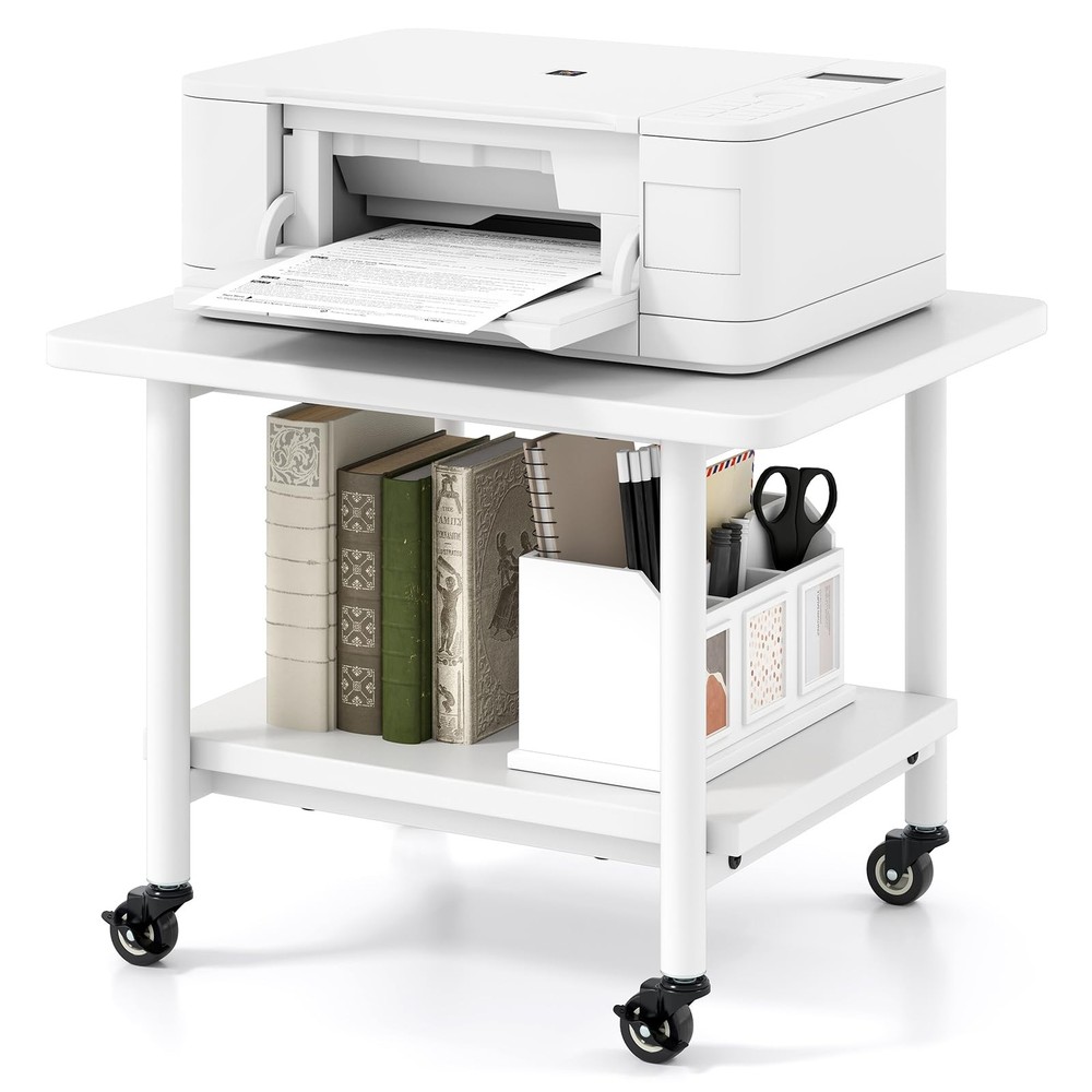 Under Desk Printer Stand, 2-Tier Mobile Printer Table with Storage Shelf, Loc...