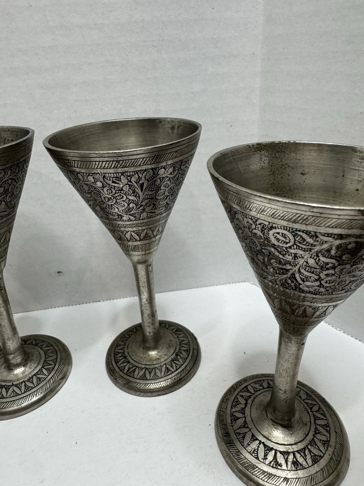 6 Vintage Small Solid Etched Brass Silver Wine Goblets/Whiskey Cups