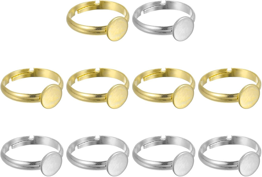 10Pcs Metal Ring Base Blank, 8Mm Adjustable Pad Cabochon Ring Blank Base Flat Be