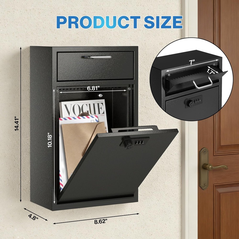Locking Wall Mailbox Drop Safe for Business, 1.2mm Lock Code 8.6"x4.75"x14.25"