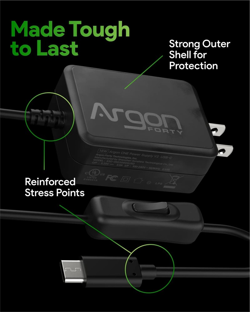 Argon USB C Power Supply with Switch | Raspberry Pi 4 Black