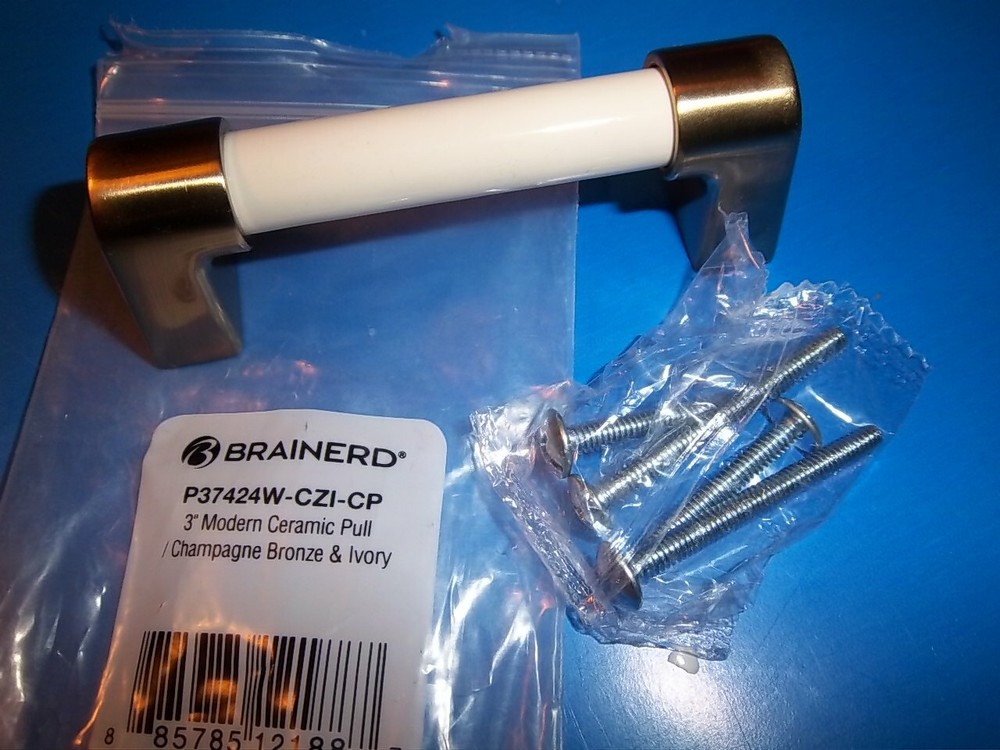 new brainerd 3" Ivory Ceramic/Champagne ceramic pull handle p37424w-c21-cp C3