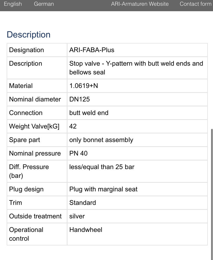 Ari-Faba Plus Handwheel Stop valve -Y-pattern with butt weld ends & bellows seal