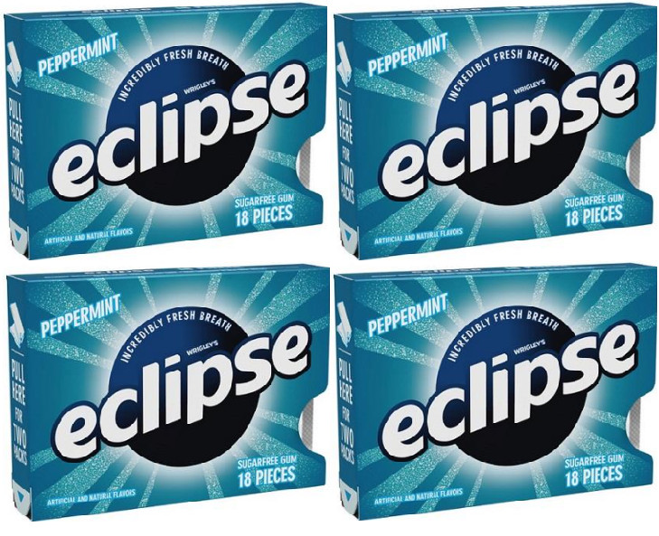 4x Packs Eclipse Peppermint Sugar Free Chewing Gum - 18 Pieces Per Pack