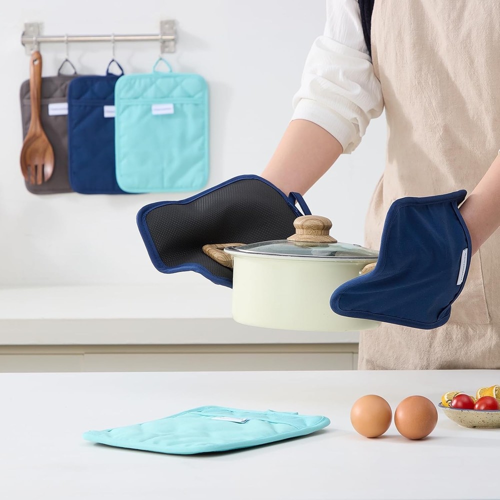 3-Pcs Kitchen Pot Holders 7"x9" Rectangular Pocket Cotton & Neoprene Navy Blue
