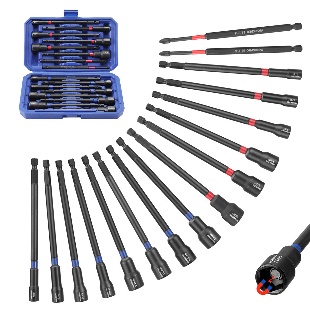 WORKPRO 16PC Magnetic Nut Driver Set Bit 6" Long Nut Driver Metric & SAE 1/4"Hex