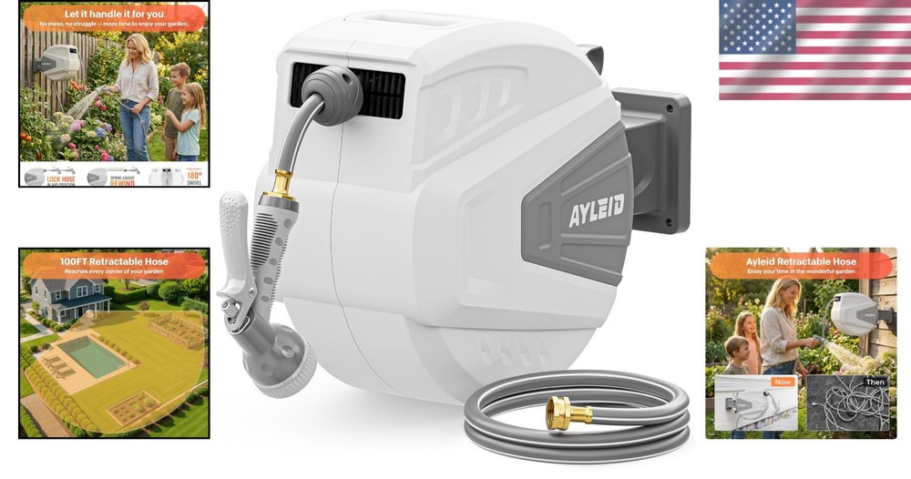 Wall Mounted 100 ft Retractable Hose Reel - 9 Settings for All Needs