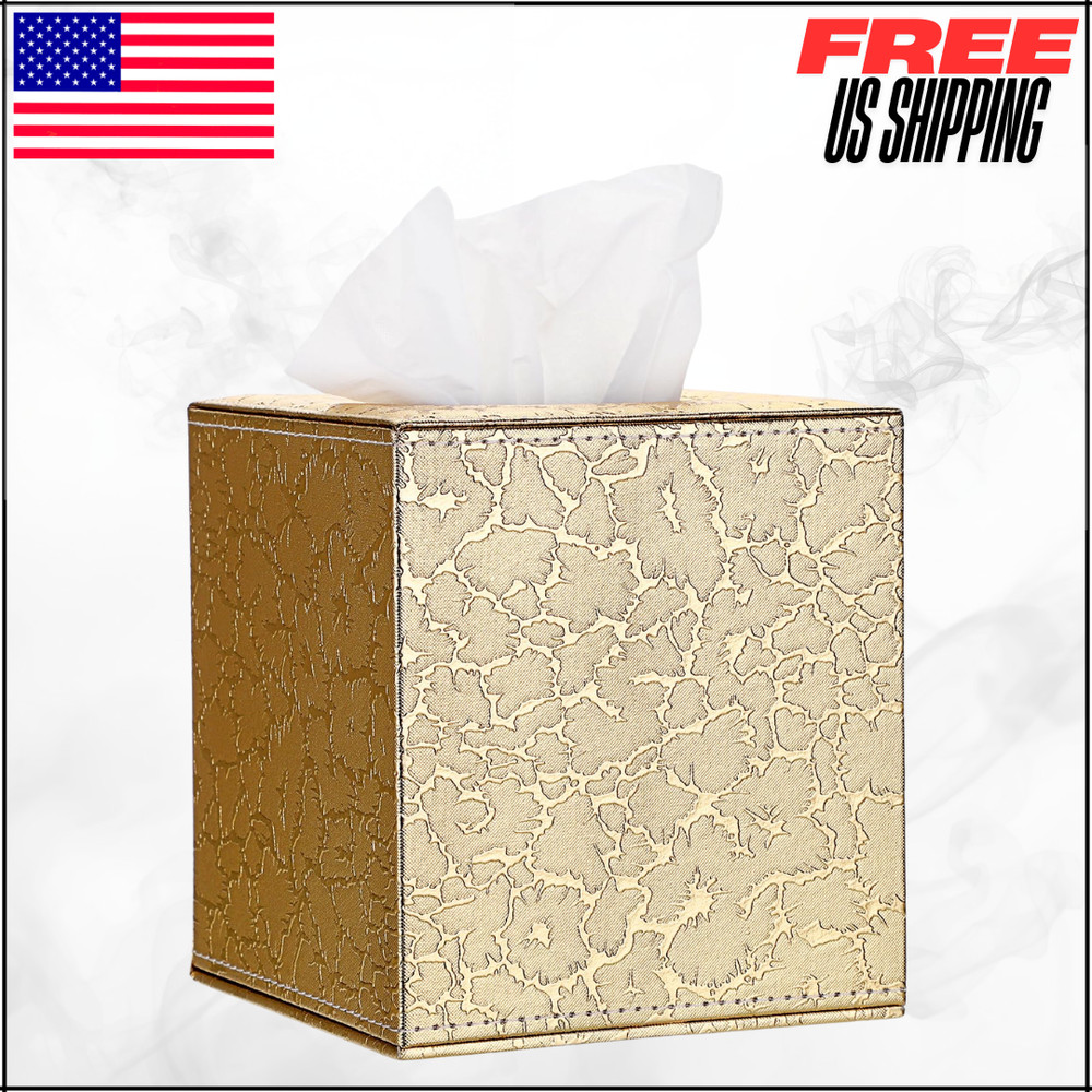 Square Leather Tissue Box Cover Stylish Cube Holder W/ Magnetic Bottom Gold PU