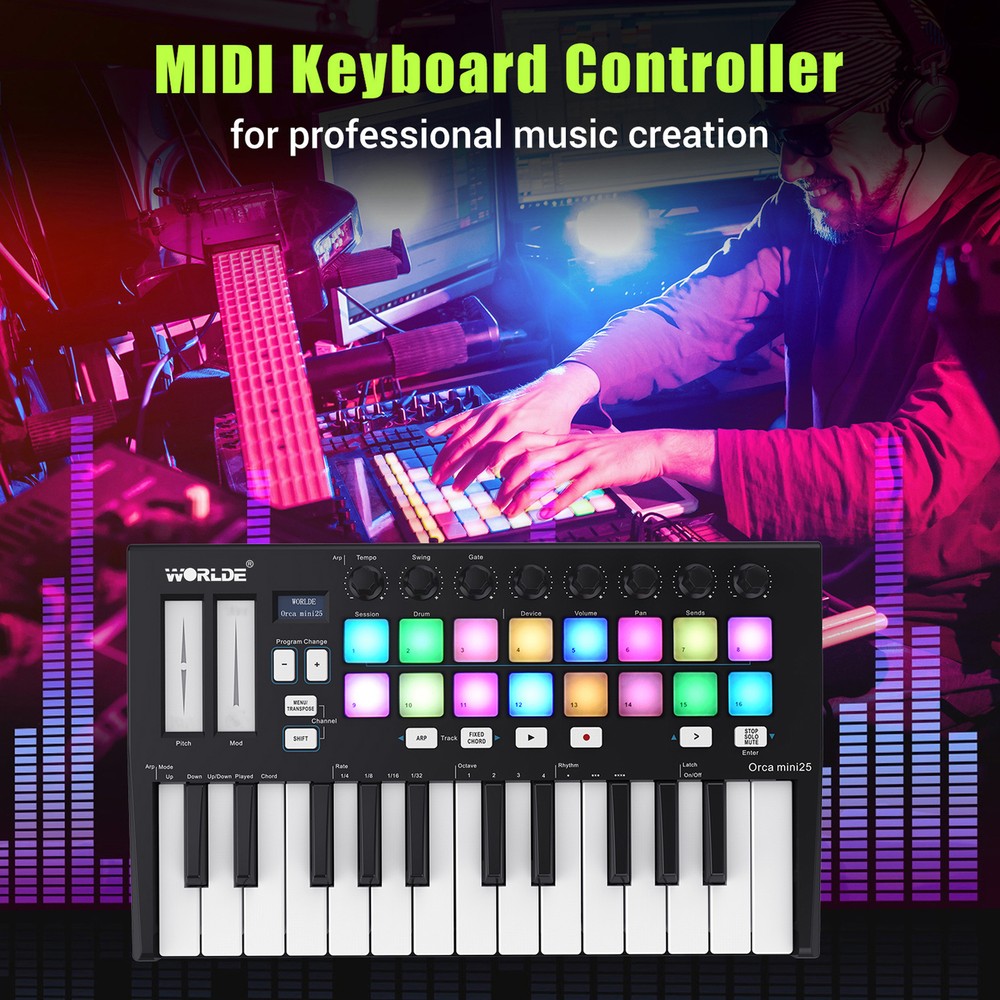 WORLDE 25-Key USB MIDI Keyboard Controller 16 RGB Backlit Trigger Pads R8I9