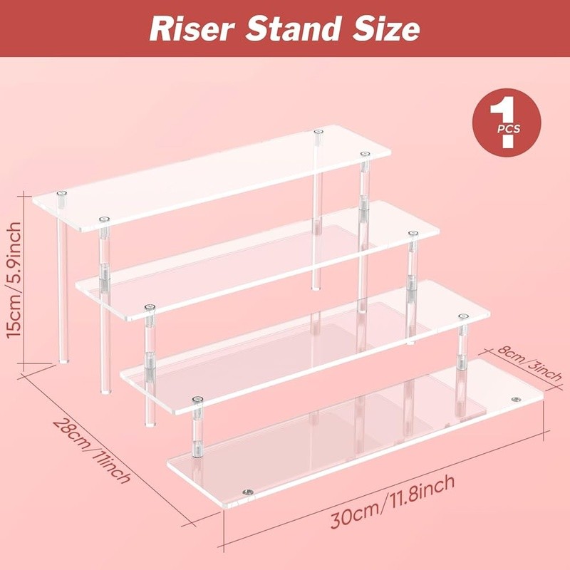 Clear 4 Tier Acrylic Display Riser Stand Sturdy Easy Install Space Saving New
