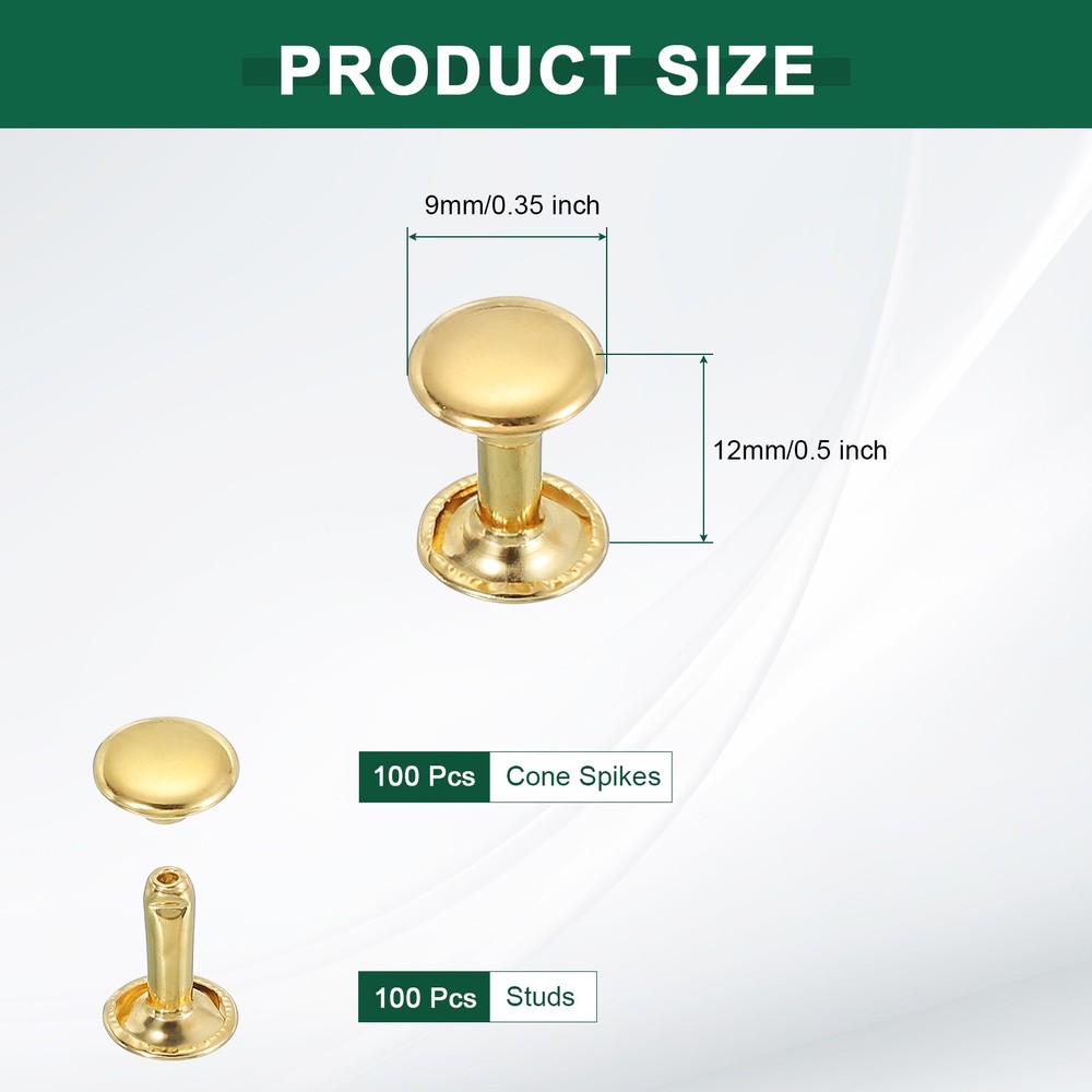 100 Sets Double Cap Leather Rivets, 9x12mm Round Cap Metal Studs, Gold