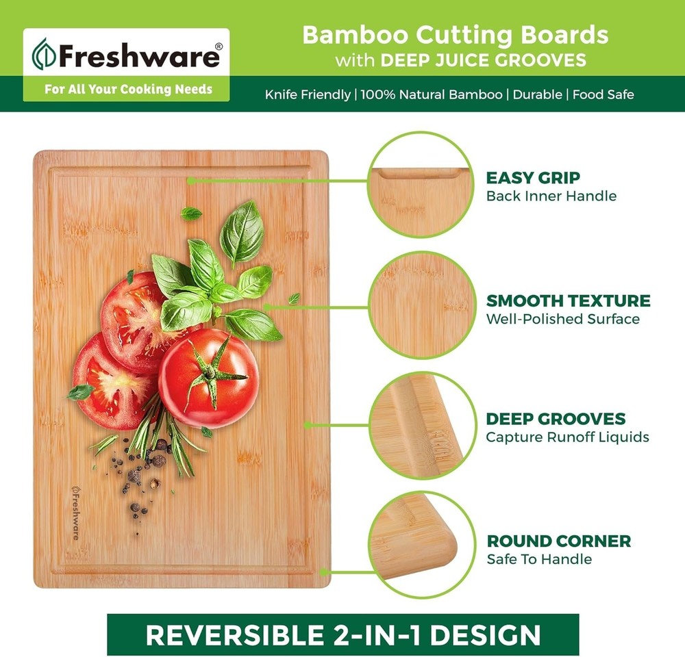 Multi-Functional Bamboo Chopping Board Set with Easy Grip Handle & Juice Grooves