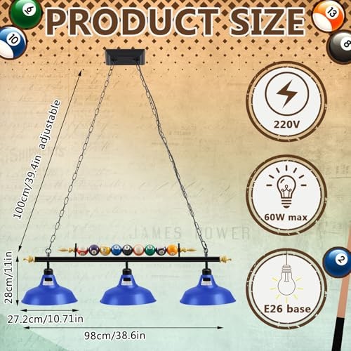 Adjustable Pool Table Lights for 7'-8' Billiard Light Hanging Blue 3 Lights