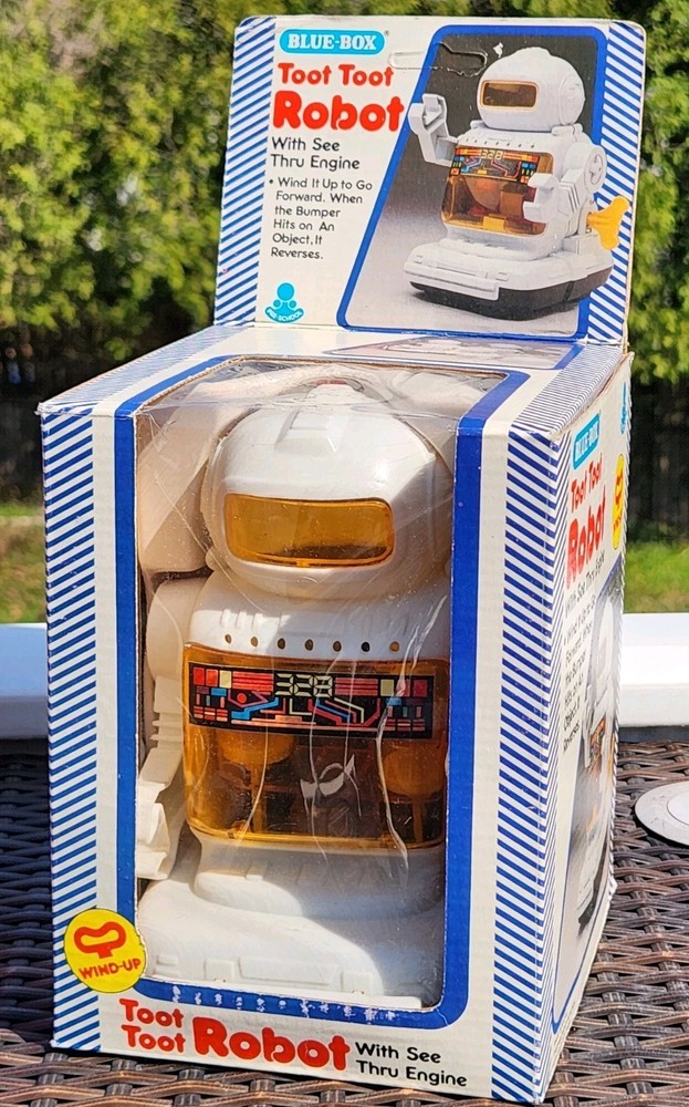 Blue Box Wind Up Piston Robot 1980's