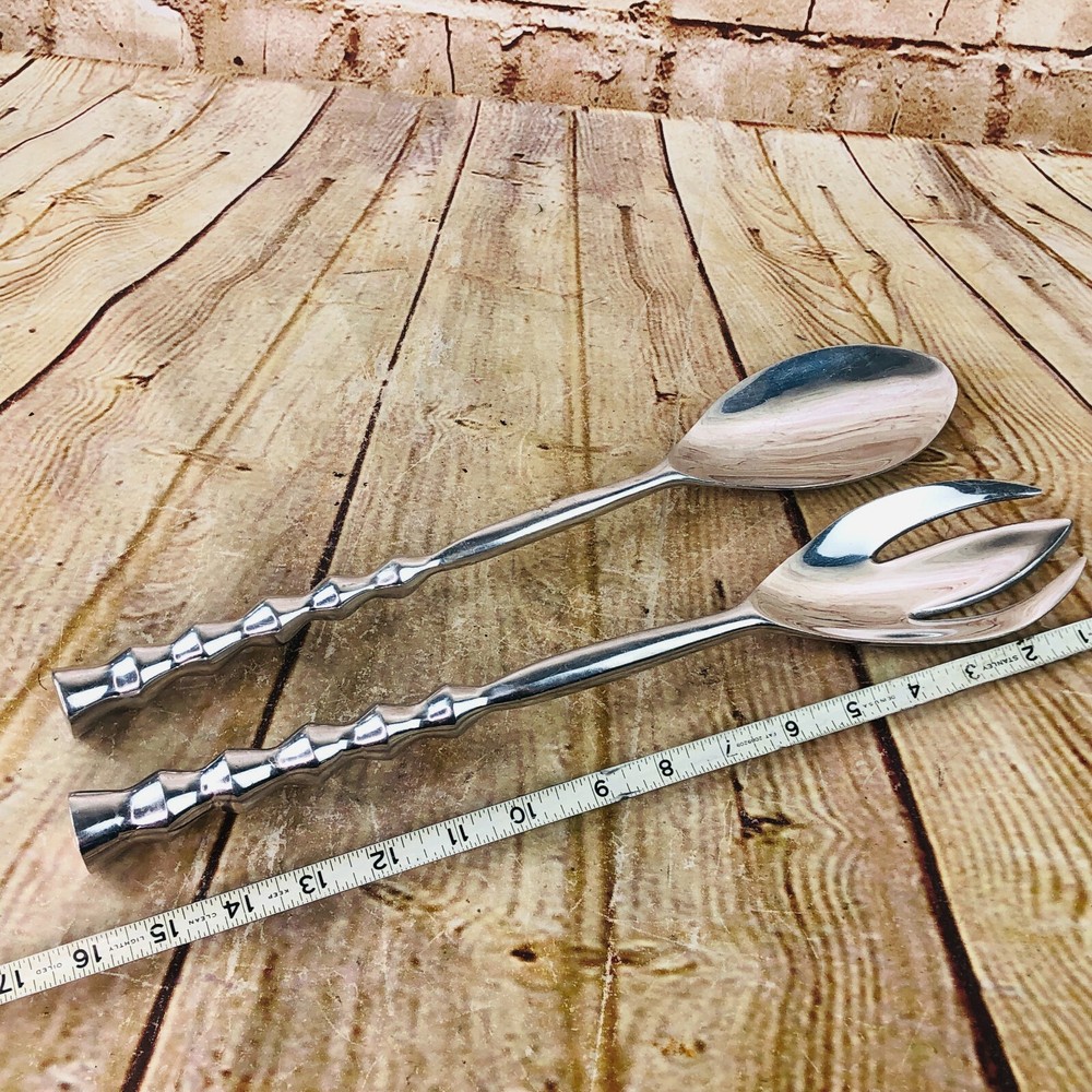 large salad spoon & fork silver look metal 16" ornate