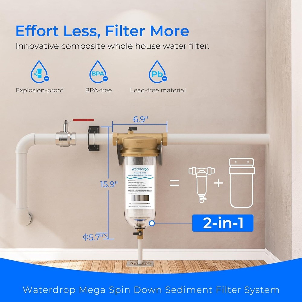 Waterdrop Mega Spin Down Sediment Filter,100 Micron+5 Micron PP Filter