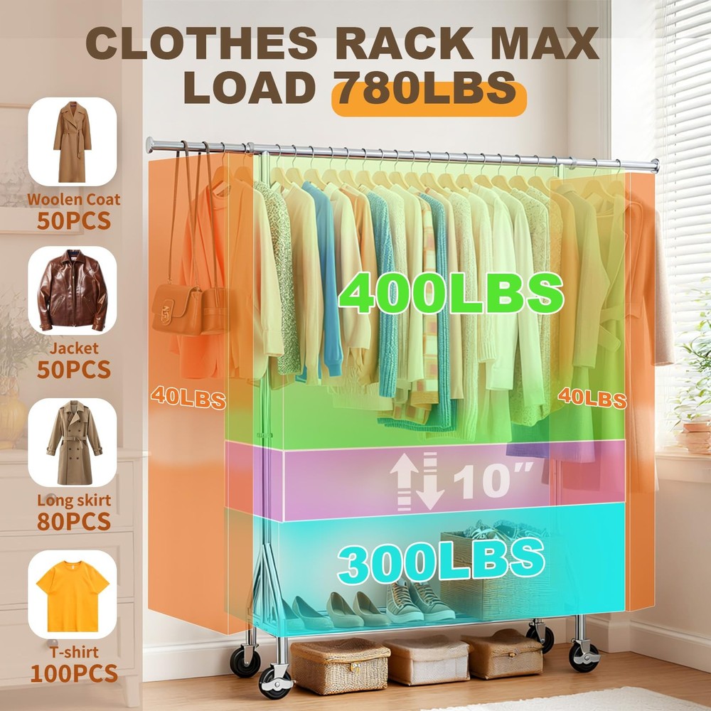 Heavy Duty Clothes Rack for Hanging Clothes, Rolling Garment Rack, Adjustable...