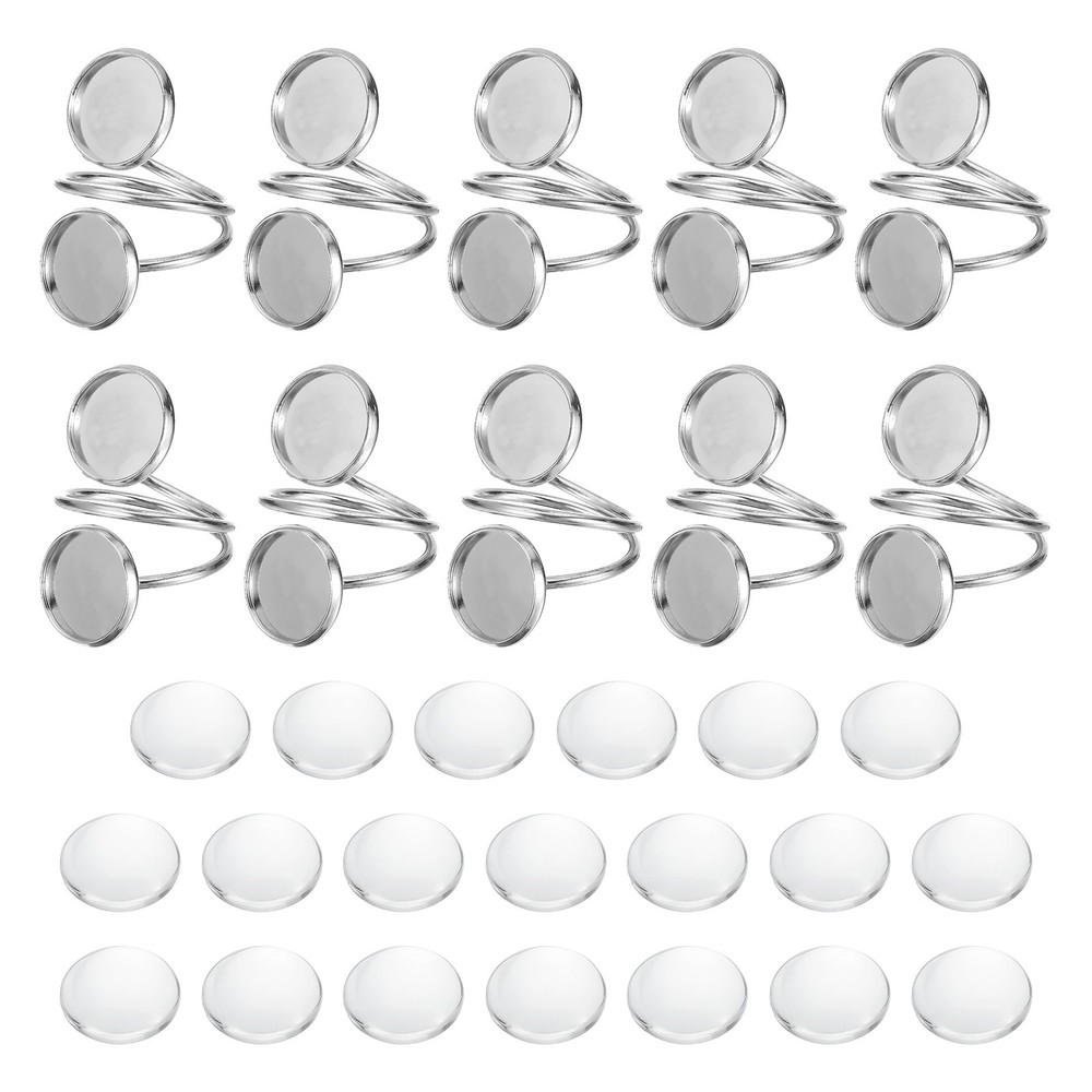 10Pcs 12mm Ring Blank Base with 20Pcs Cabochon(Light Silver)