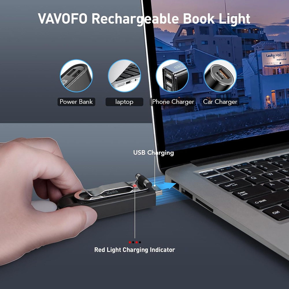 USB Rechargeable Book Light, Blue Light Blocking, Amber Clip-On Bookmark Shaped