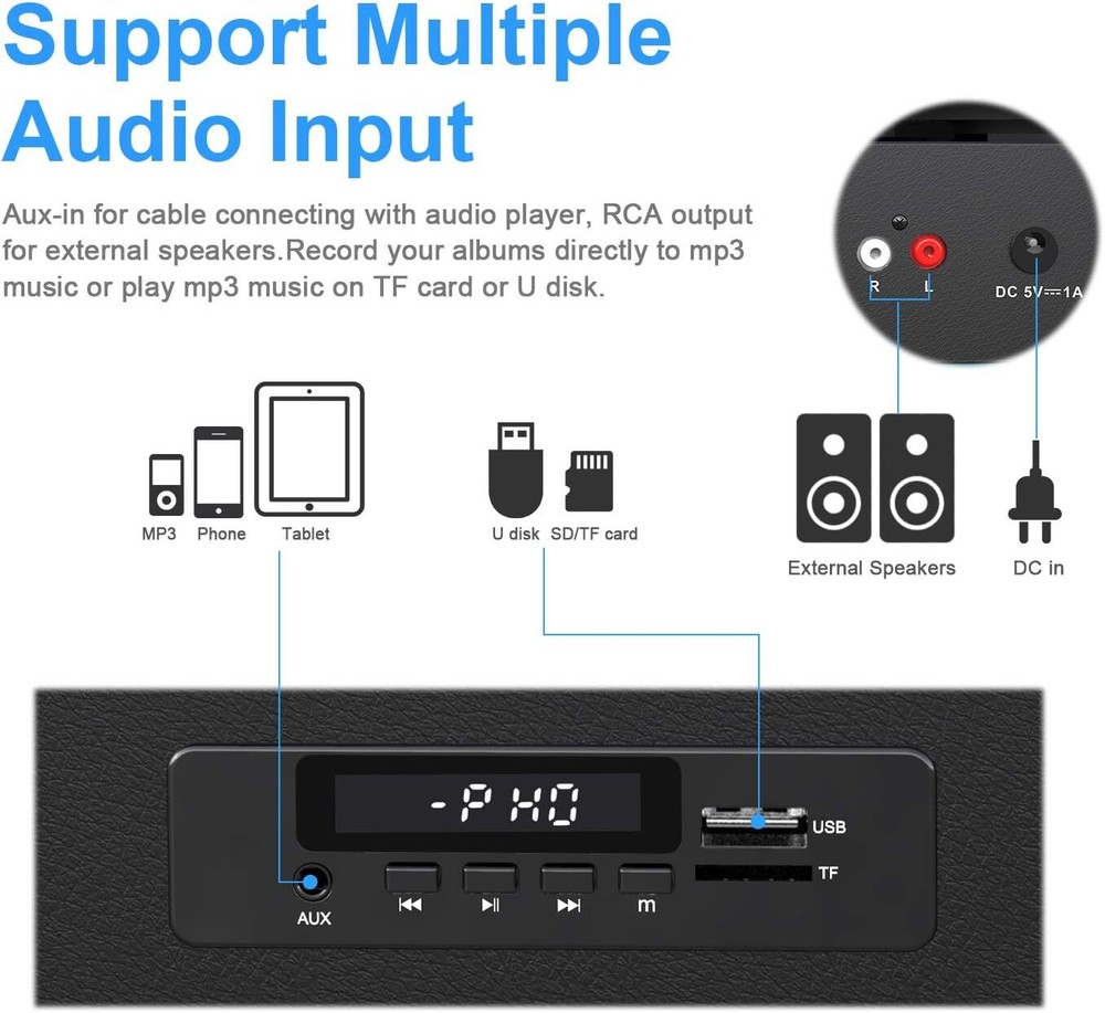 Bluetooth Record Player - 3 Speed Turntable with Built-In Speaker USB Recording