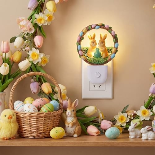 Easter Bunny Light Decoration LED Easter Night Light Plug into Wall Resin Egg