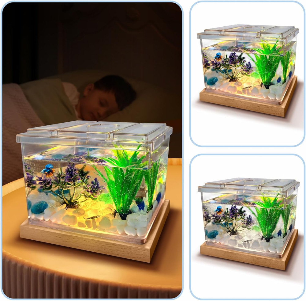 Mini Betta Fish Tank Kit with LED Light Base, Small Fish Bowl for Temporary Spac