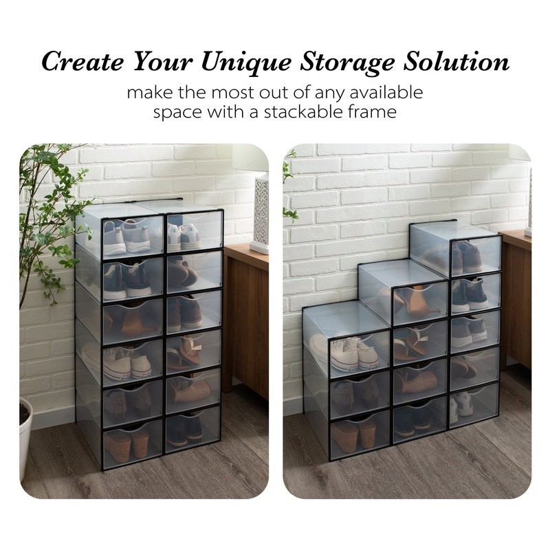12 Stackable Shoe Boxes Clear Drop Front Easy Access Organizer Storage Solution